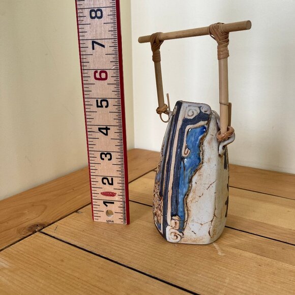 Malaysia Handicraft Tenmoku Stoneware Pottery Vase Bamboo Handle Floral Relief - Picture 5 of 9